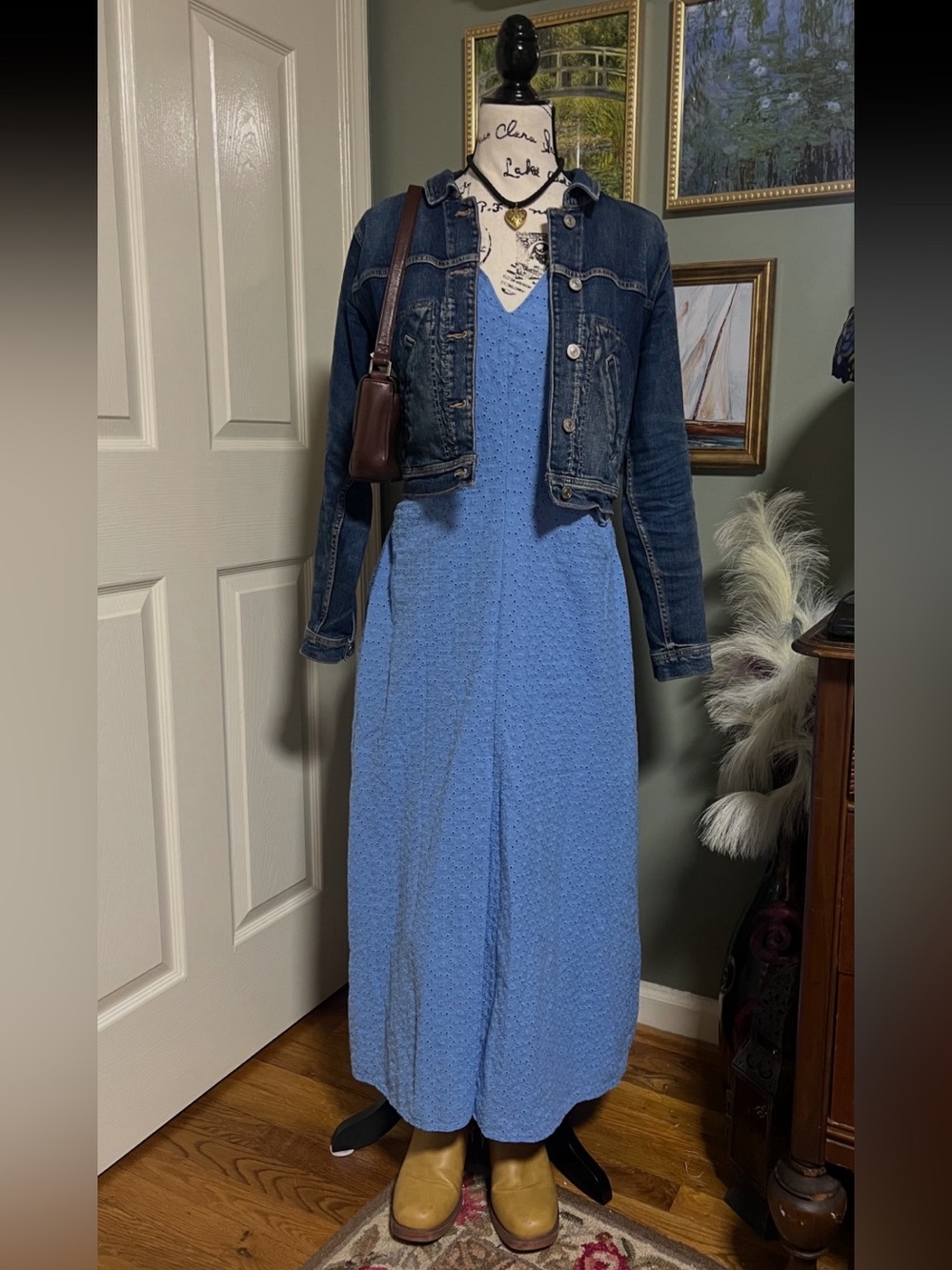 Donna Morgan Blue Eyelet Maxi Dress SZ 10 Cottagecore Coastal Romantic